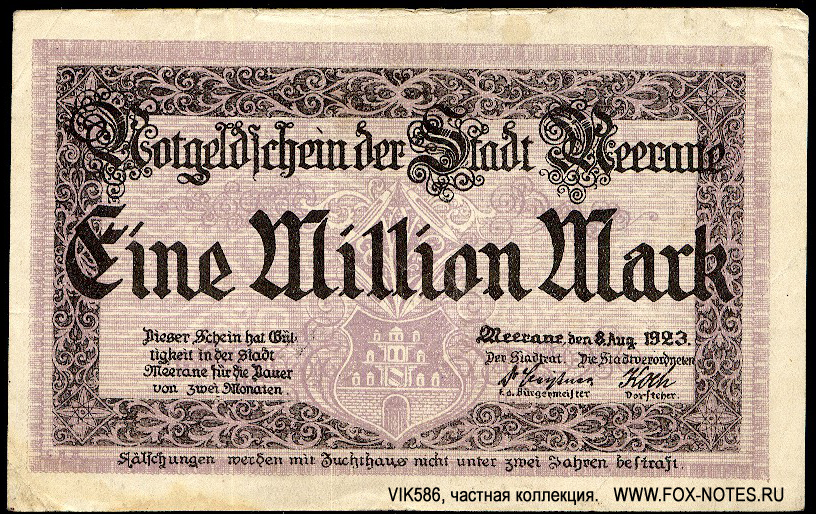 Notgeldschein der Stadt Meerane 1 Million Mark 1923