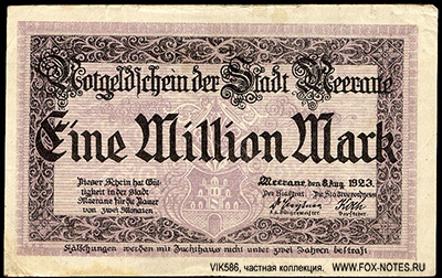 Notgeldschein der Stadt Meerane. 1000000 Mark 1923.
