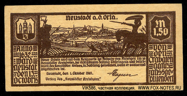 Stadt Neustadt an der Orla 1,50 Mark 1921