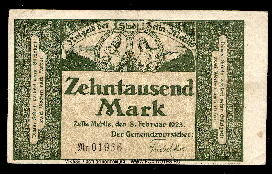 Notgeld der Stadt Zella-Mehlis. 10000 Mark. 8. Februar 1923.