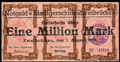 Stadtgemeinde Zweibrücken Notgeld / Gutschein. 1 Million Mark. 1923.