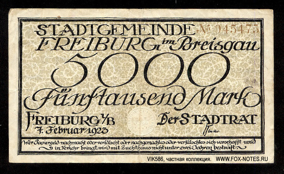 Stadtgemeinde Freiburg im Breisgau 5000 Mark 1923