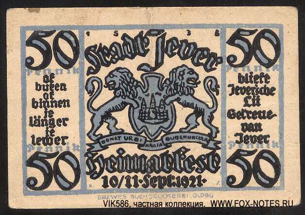 Städtische Sparkasse Jever 50 Pfennig.  1921.