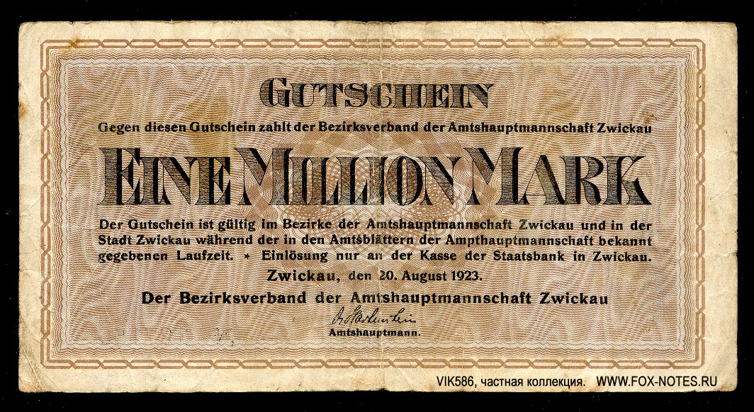 Bezirksverband der Amtshauptmannschaft Zwickau 1 Million Mark 1923