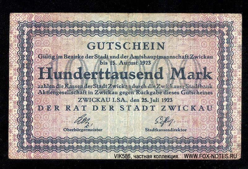 Rat der Stadt Zwickau 100000 Mark 1923