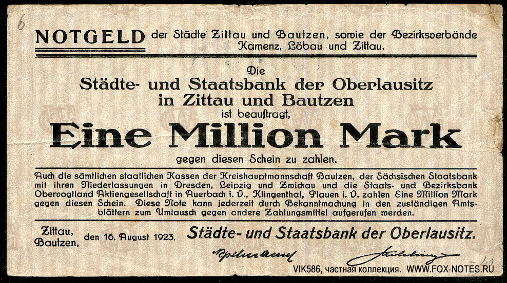 Städte- und Staatsbank der Oberlausitz in Zittau und Bautzen 1 Million Mark 1923