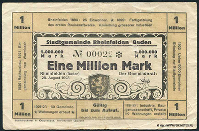 Stadtgemeinde Rheinfelden / Baden 1000000 Mark 1923