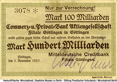 Mitteldeutsche Creditbank Filiale Göttingen 100 Milliarden Mark 1923