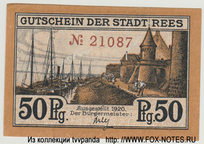 Gutschein der Stad  Rees. 50 Pfennig 1920.