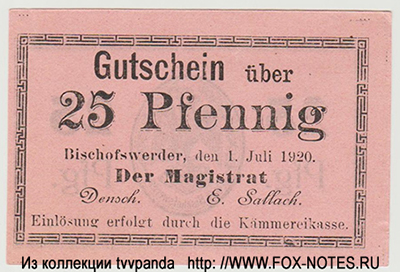 Stadt Bischofswerder 25 Pfennig 1920