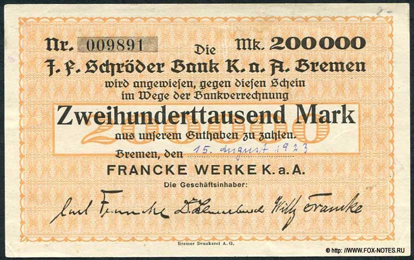 Francke Werke K.a.A. Schröder-Bank 200000 Mark 1923