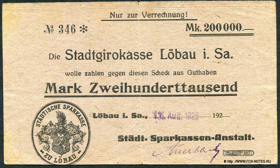 Lobau i. Sa. Stadtgirokasse 200000 Mark 1923