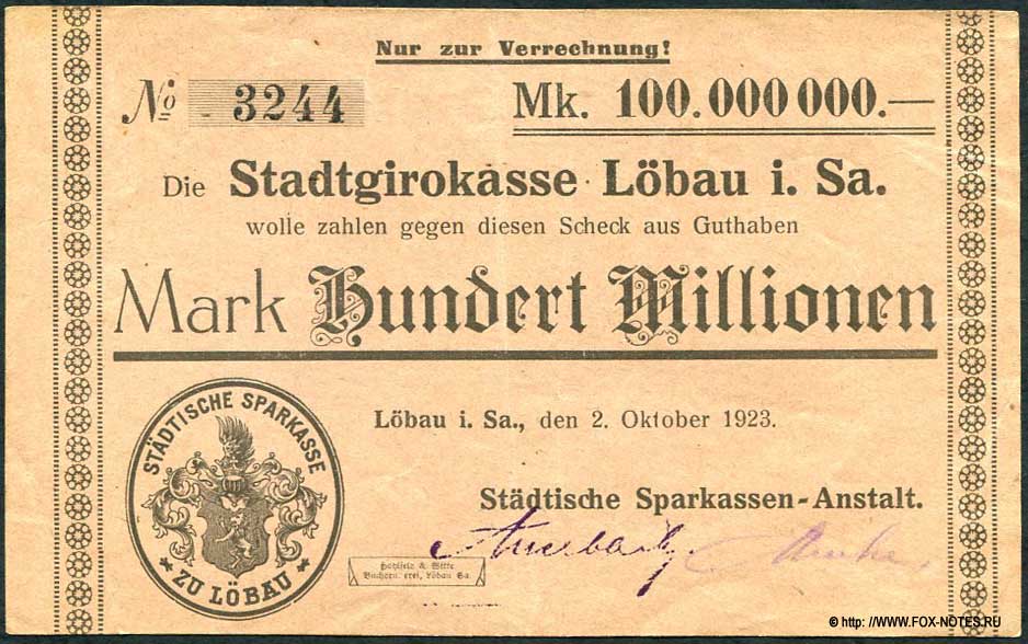 Lobau i. Sa. Stadtgirokasse 100 Hundert Millionen Mark 1923