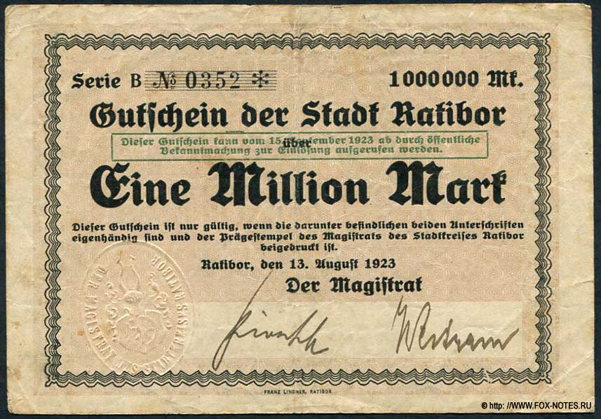Stadtgauptkasse Ratibor 1 Million Mark 1923