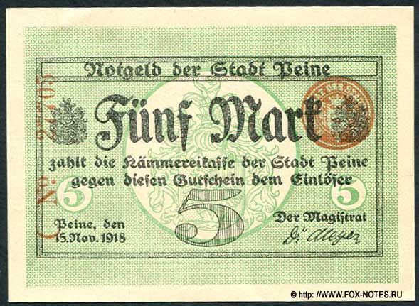 Notgeld der Stadt Peine. 5 Mark. 15. November 1918.