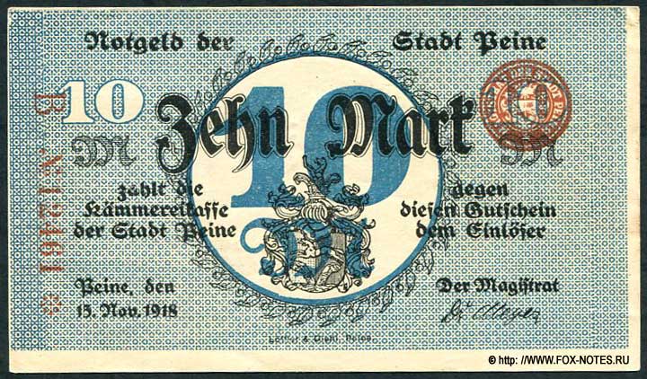 Notgeld der Stadt Peine. 10 Mark. 15. November 1918.