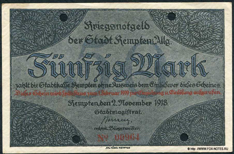Kriegsnotgeld Stadt Kempten in Allg. 50 Mark. 2. November 1918.