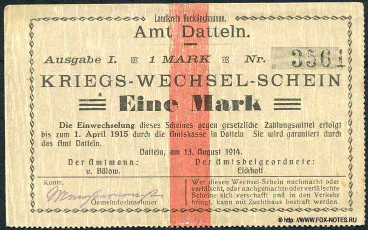 Amt Datteln  Kriegs-Wechsel-Schein. 1 Mark. 1914
