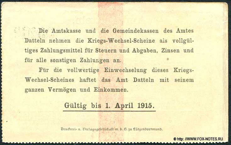 Amt Datteln  Kriegs-Wechsel-Schein. 1 Mark. 1914