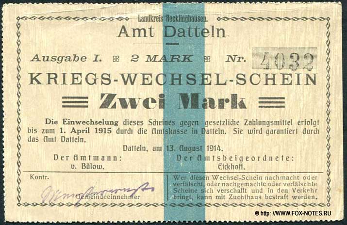 Amt Datteln  Kriegs-Wechsel-Schein. 2 Mark. 1914
