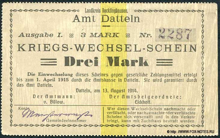 Amt Datteln  Kriegs-Wechsel-Schein. 3 Mark. 1914