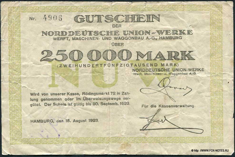Norddeutsche Union-Werke, Werft, Maschinen- und Waggonbau AG 250000 Mark 1923
