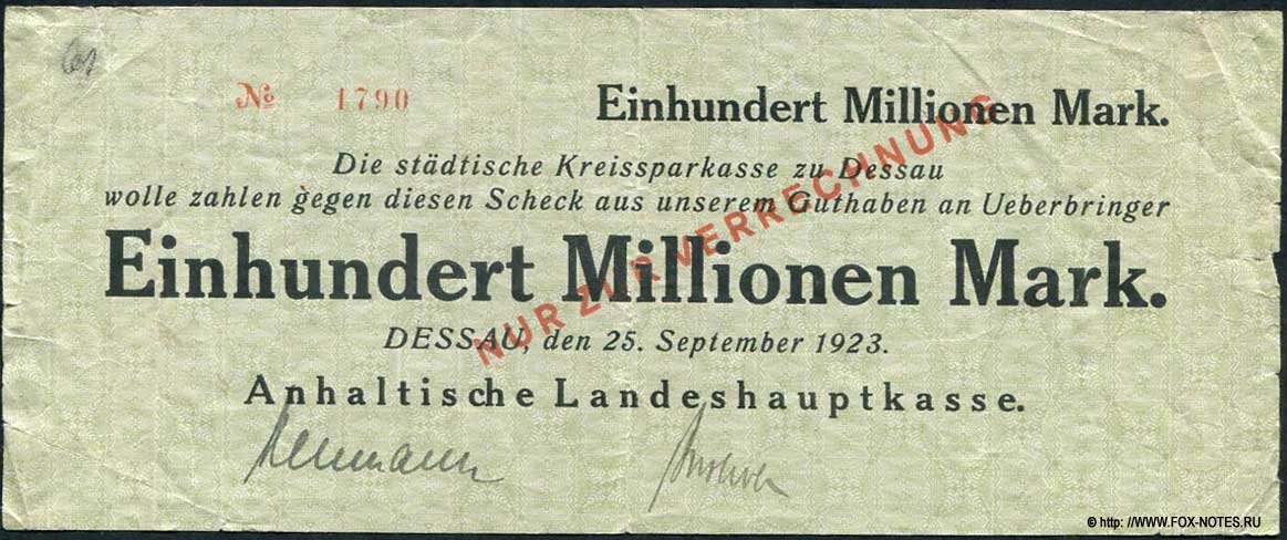 Anhaltische Landeshauptkasse, Dessau 100 Millionen Mark 1923