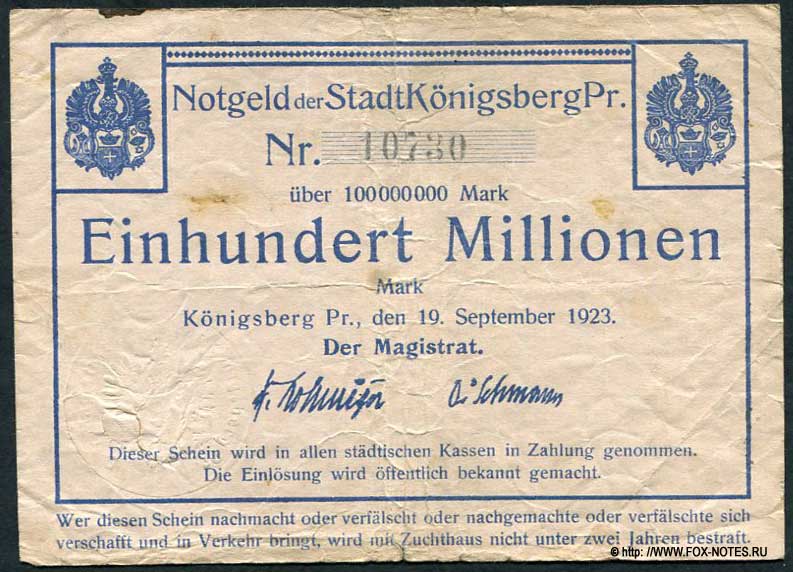 Notgeld der stadt Königsberg in Preußen 100 Millionen Mark 1923