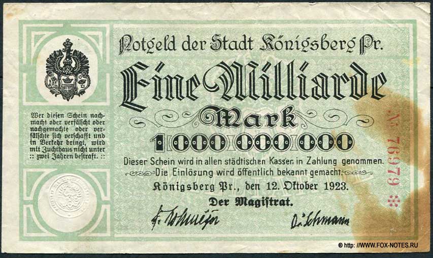 Notgeld der stadt Königsberg in Preußen 1 Milliarden Mark 1923