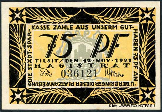 Tilsit  75 Pfennig 1921 Notgeld