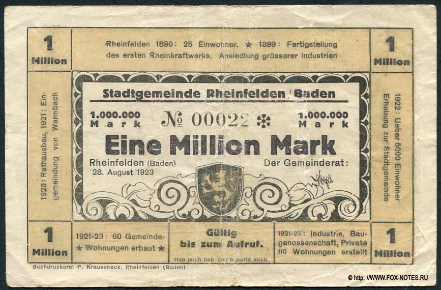 Stadtgemeinde Rheinfelden / Baden 1 Million Mark 1923