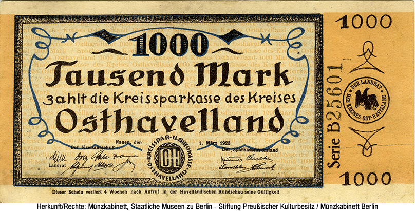 Kreisausschuß und Kreissparkasse des Kreises Osthavelland in Nauen 1000 Mark 1923 Serie B