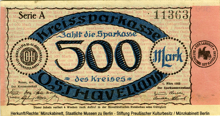 Kreisausschuß und Kreissparkasse des Kreises Osthavelland in Nauen 500 Mark 1923 Serie A