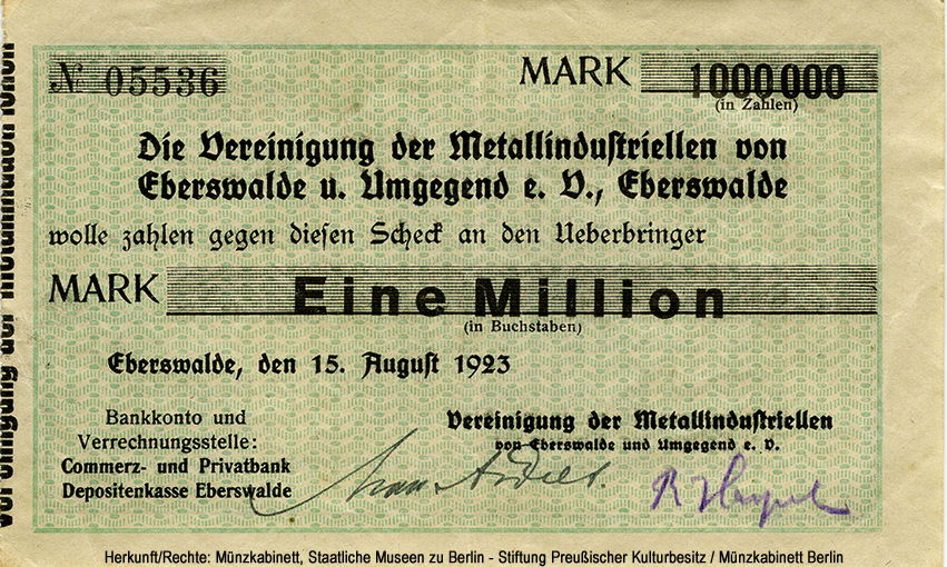 Vereinigung der Metallindustriellen von Eberswalde und Umgebung e.V. 1 Million Mark 1923