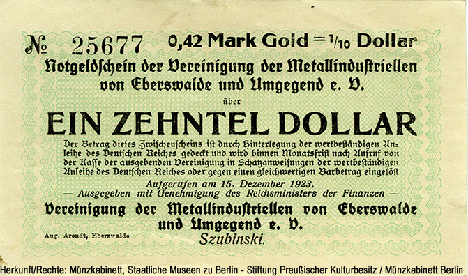 Vereinigung der Metallindustriellen von Eberswalde und Umgebung e.V. 0,42 Mark Gold = 1/10 Dollar 1923