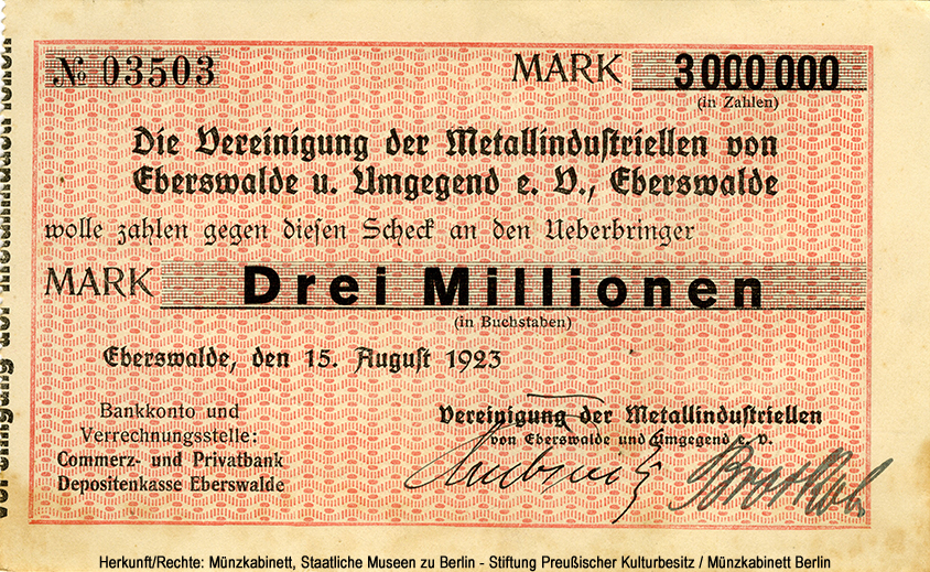 Vereinigung der Metallindustriellen von Eberswalde und Umgebung e.V. 1 Million Mark 1923