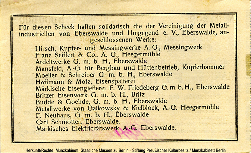 Vereinigung der Metallindustriellen von Eberswalde und Umgebung e.V. 5 Millionen Mark 1923
