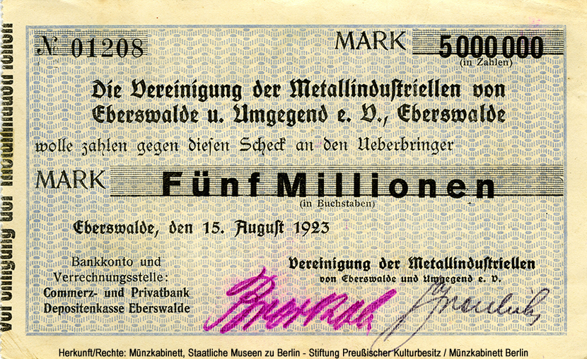 Vereinigung der Metallindustriellen von Eberswalde und Umgebung e.V. 5 Millionen Mark 1923