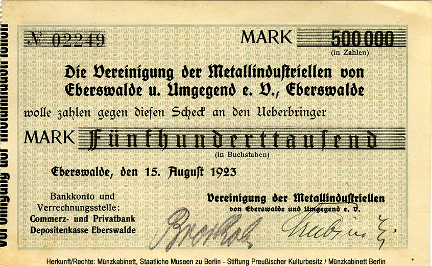 Vereinigung der Metallindustriellen von Eberswalde und Umgebung e.V. 500000 Mark 1923
