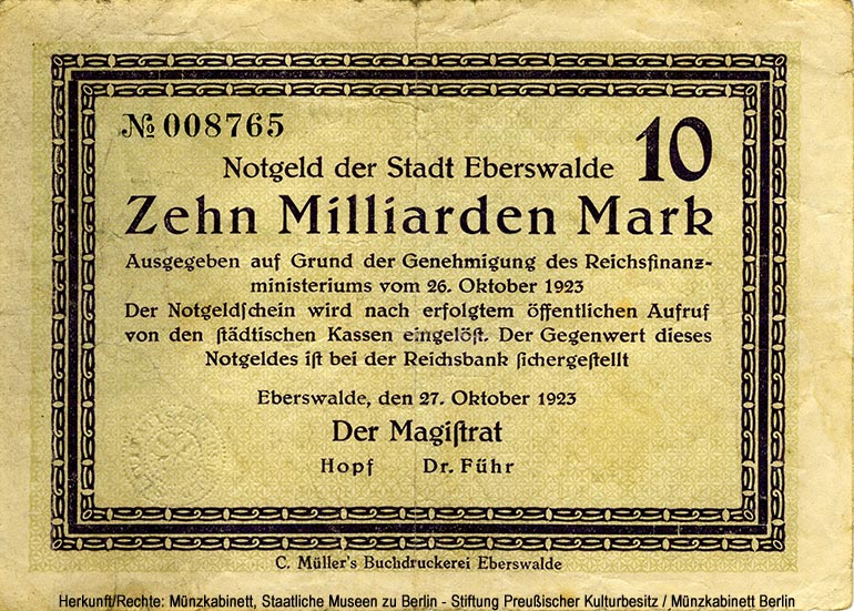 Stadt Eberswalde 10 Milliarden Mark 1923