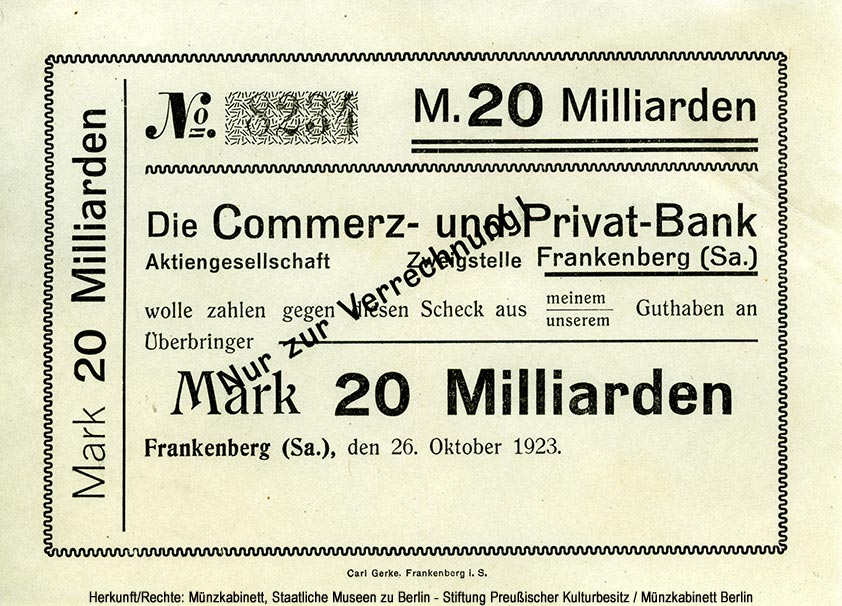 Commerz- und Privat-Bank Frankenberg: 20 Milliarden Mark 1923