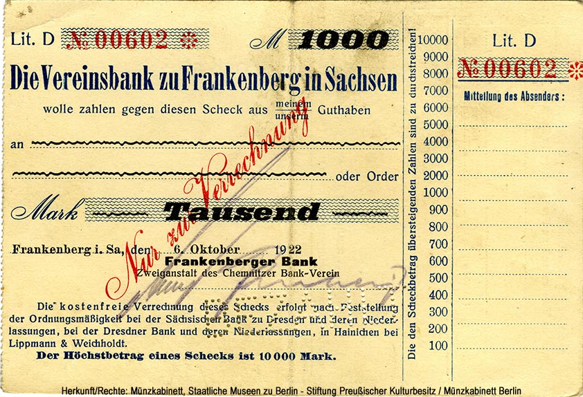 Vereinsbank Frankenberg: 1.000 Mark 1922