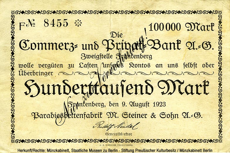 Paradiesbettenfabrik Steiner Frankenberg: 100.000 Mark 1923