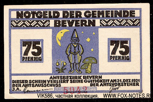 Notgeld der Gemeinde Bevern. 75 Pfennig 1921