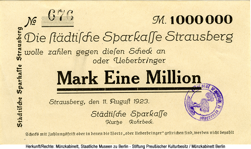 Städtische Sparkasse Strausberg 1 Million Mark 1923