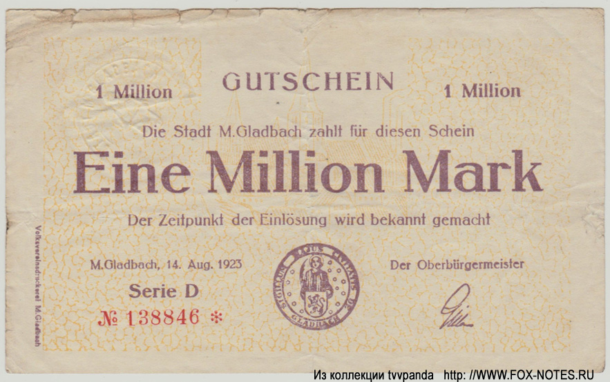 Stadt München-Gladbach 1 Million Mark 1923