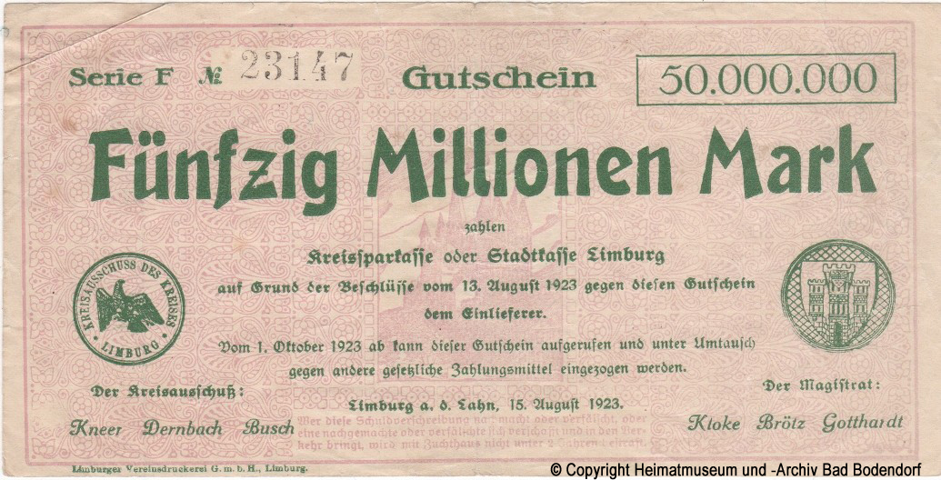 Kreiskasse Limburg 50 Millionen Mark 1923