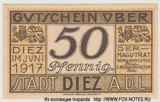 Bezirk der Stadt Diez 50 Pfennig 1917