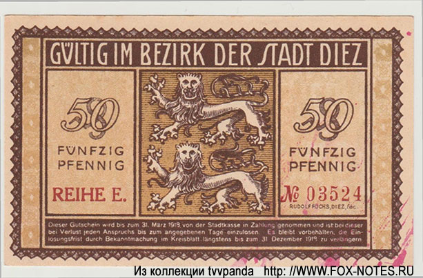 Bezirk der Stadt Diez 50 Pfennig 1917