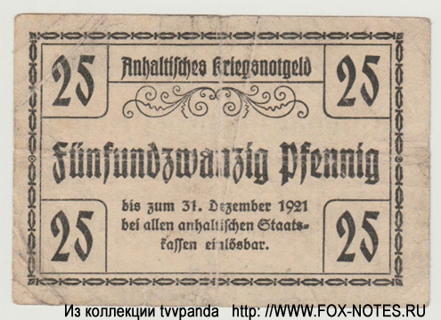 Herzogliche Finanzdirektion, Dessau Kriegsnotgeld. 25 Pfennig 1918
